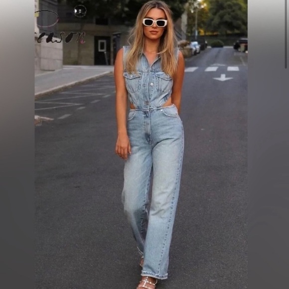 NWOT Zara Wide leg Cutout Denim Jumpsuit 26 - Picture 11 of 11
